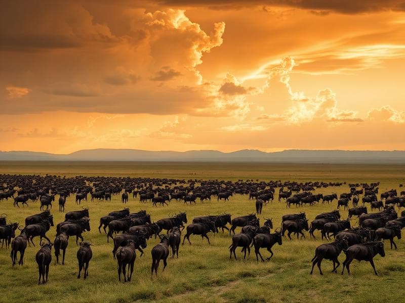 Wildebeest herd spread across open savannah at sunset