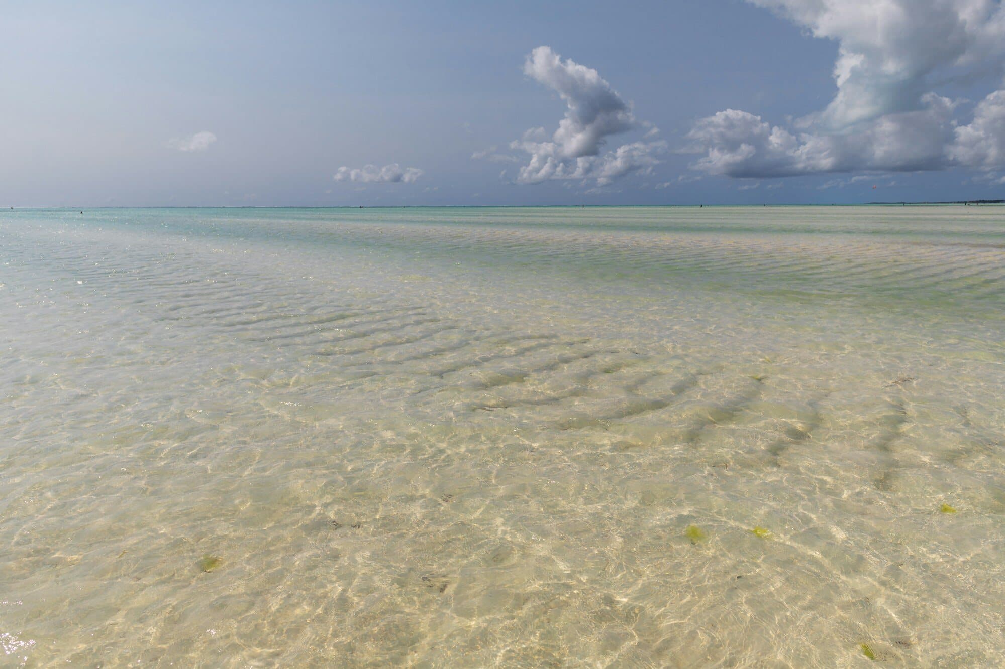 Clear shallow turquoise water over white sand in Zanzibar